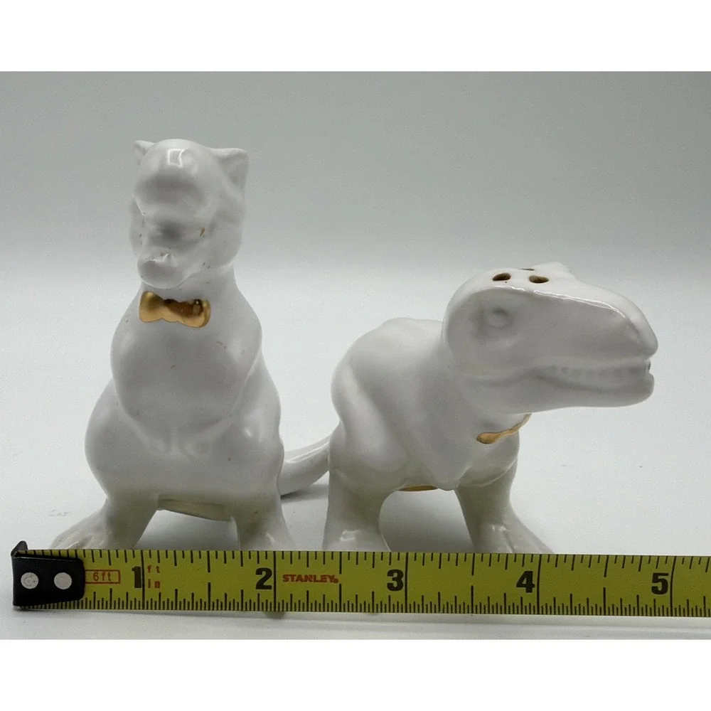 Target T-Rex Dinosaur White Ceramic Salt & Pepper Shakers Gold Bow Ties Retired.